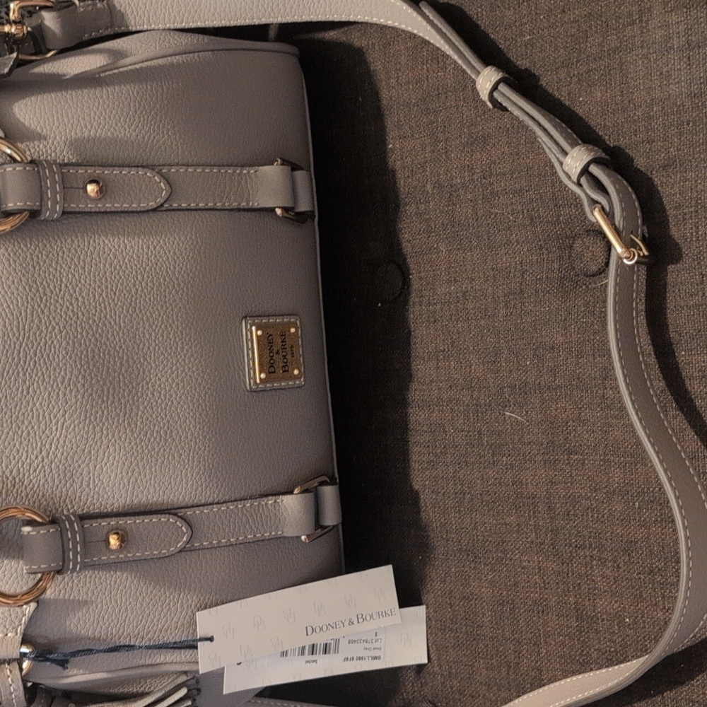 Dooney & Bourke Florentine Leather Tasseled Satchel Bag Elephant Gray Crossbody - Picture 2 of 7